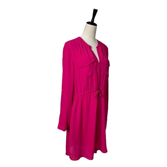 DR2 Dress Shirtdress Drawstring Waist Tabbed Sleeves Hot Pink Women’s Size Large - Picture 2 of 11